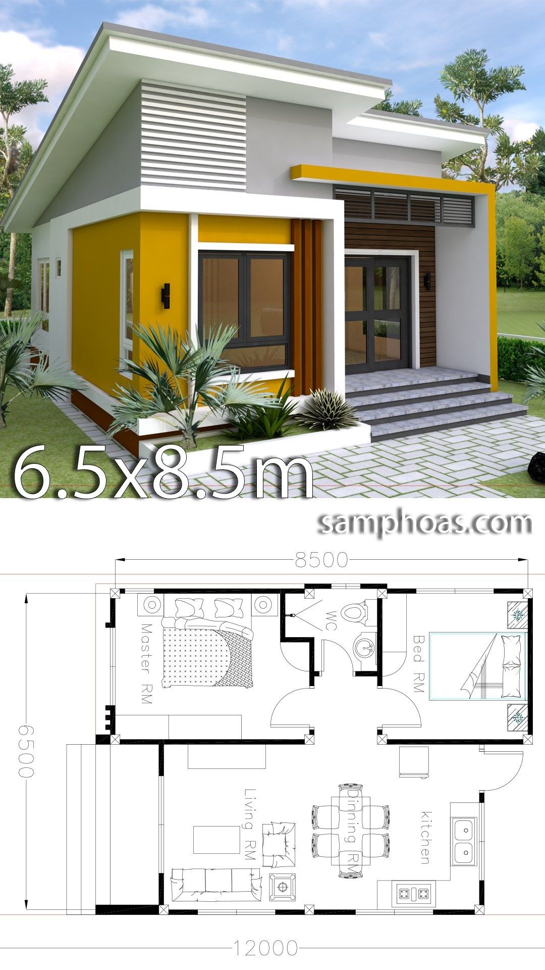 Small Home design Plan 6.5×8.5m with 2 Bedrooms – SamPhoas Plan