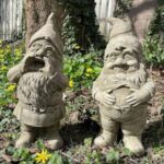 Pair of Stone Gnome Statues Outdoor Dwarf Sprite Decoration Garden .