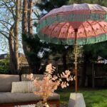 Hand Painted Pink and Mint Green Balinese Garden Parasol - Et