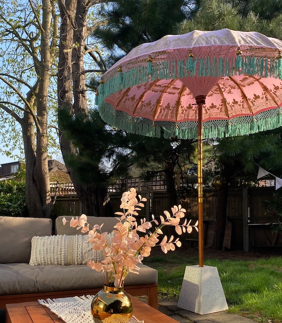 Hand Painted Pink and Mint Green Balinese Garden Parasol - Et