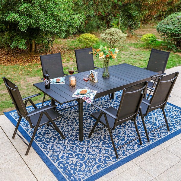 PHI VILLA 7-Piece Black Metal Patio Outdoor Dining Set with .