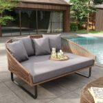 63" Rattan Outdoor Daybed with Gray Cushion Pillow Aluminum Frame .