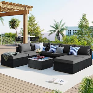 Harper & Bright Designs 8-Piece Black Wicker Outdoor Sectional Set .