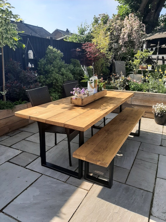 Rustic Outdoor Dining Table and Bench, Reclaimed Solid Wood .
