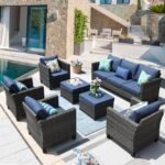 Ovios 7-Piece Rattan Patio Conversation Set with Blue Cushions in .