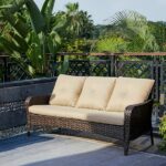 Gymojoy Brentwood Brown Wicker Outdoor Patio Sofa Couch with Beige .