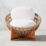 Masha Modern Rattan and Teak Outdoor Lounge Chair with White .
