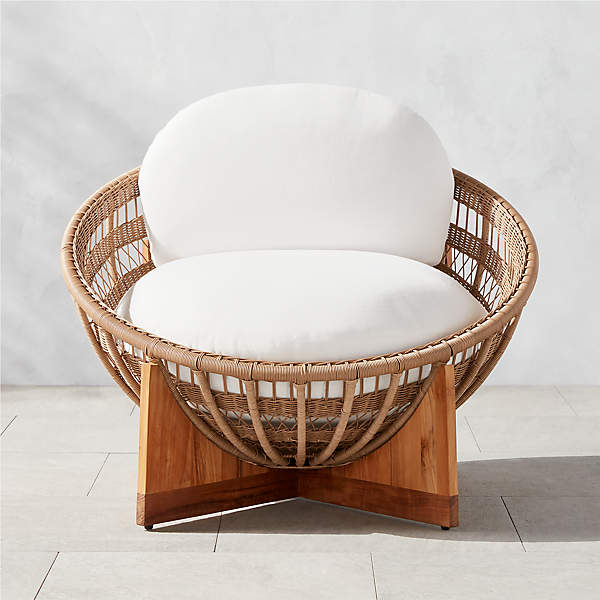 Masha Modern Rattan and Teak Outdoor Lounge Chair with White .
