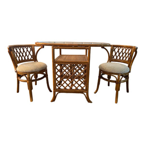 Vintage Rattan Lattice Detail Honeymoon Table and Chairs Available .