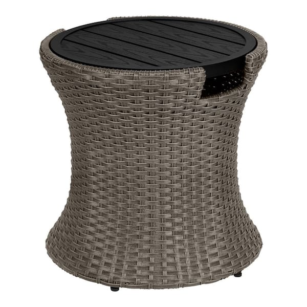 Hampton Bay 20.08 in. Fairlane Black Wicker Outdoor Side Table .