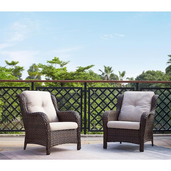 Gymojoy Carolina Brown Wicker Patio Outdoor Chair with Beige .