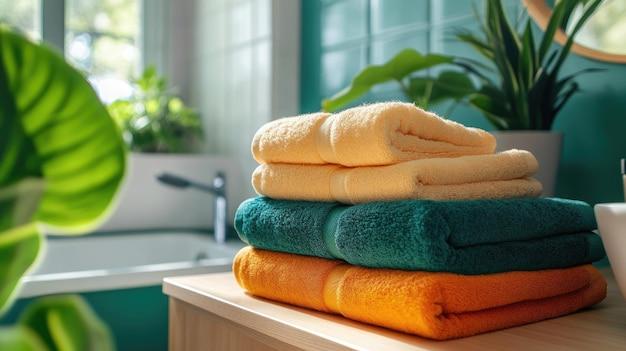 Colorful towels contribute vibrancy to your​ eclectic bathroom ambiance