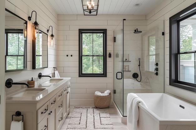 Shiplap⁤ walls provide a classic touch ‍in‍ farmhouse bathrooms