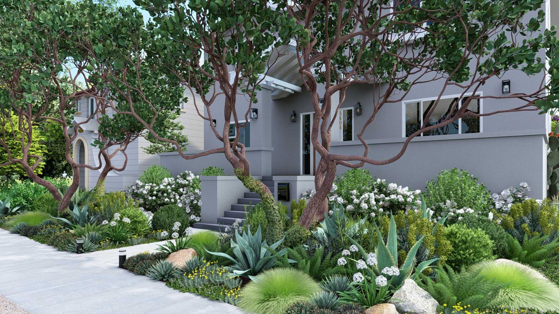 Choose a color palette that complements your home for cohesive front yard landscaping