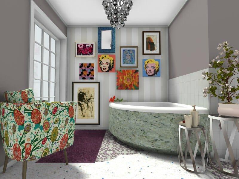 Showcase a stunning piece of art in your eclectic bathroom’s centerpiece