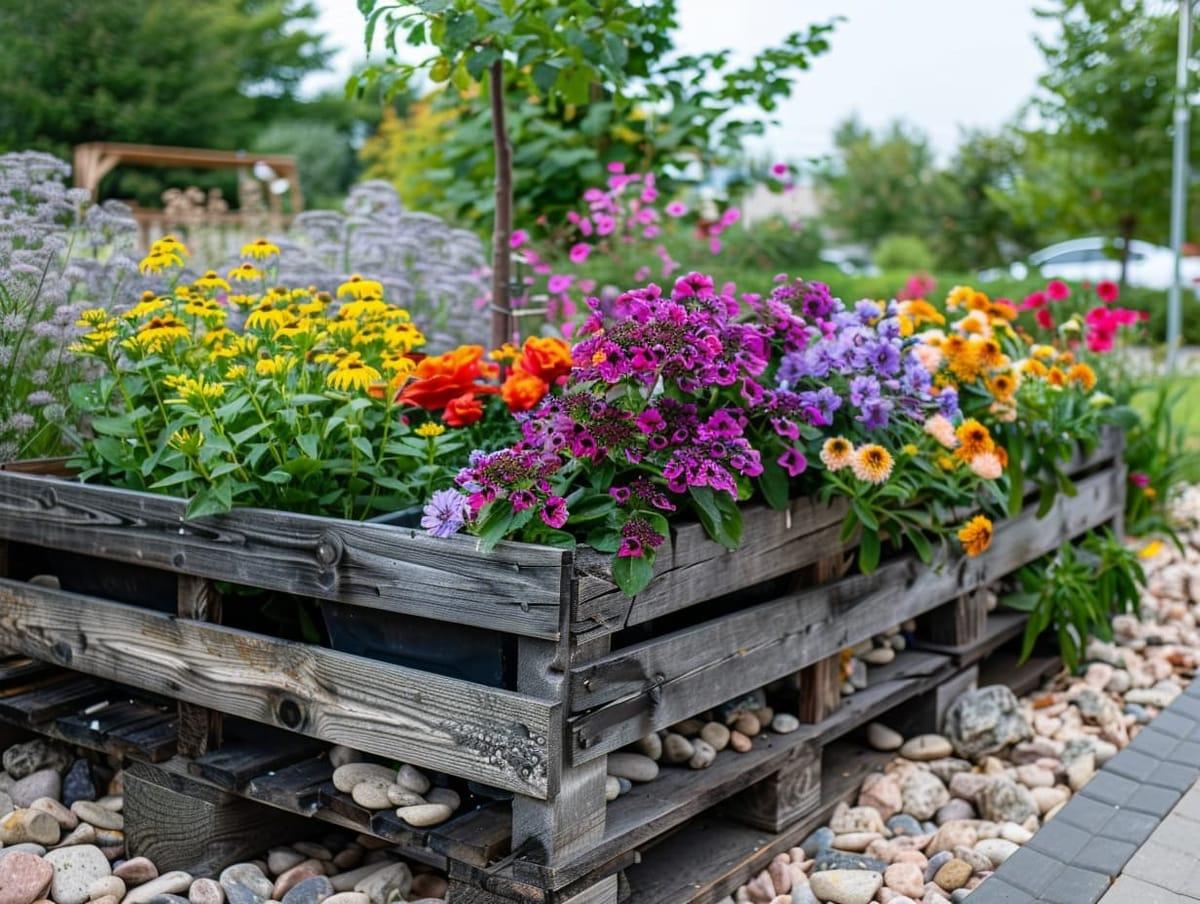 Brighten up your porch with a colorful pallet garden filled with seasonal flowers