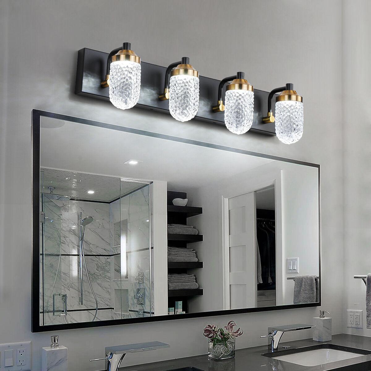 Unconventional lighting fixtures create a warm eclectic bathroom glow