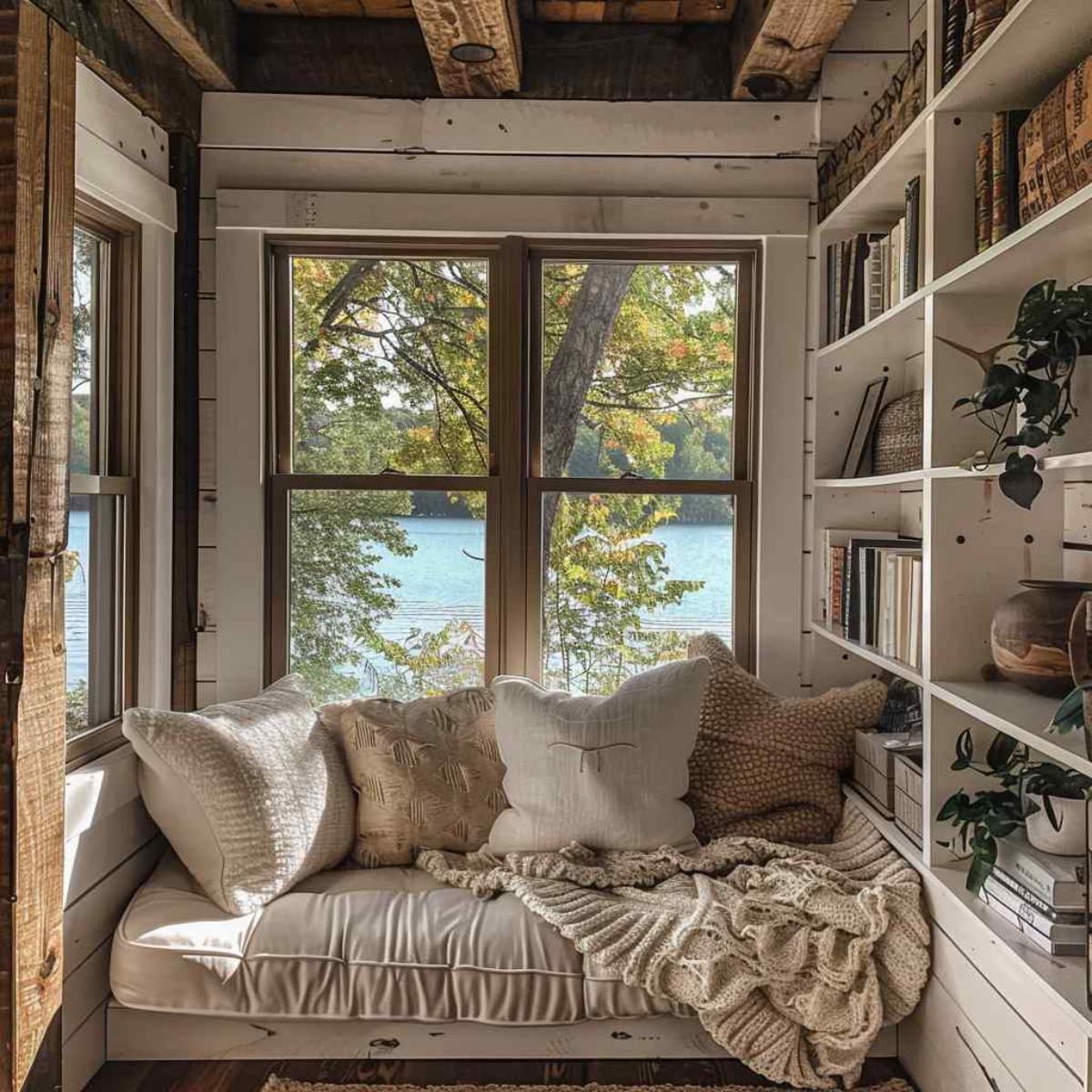 Create a cozy reading nook with plush cushions on your screened porch