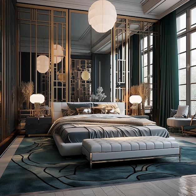 Art Deco Bedroom: Enjoy bold geometric patterns ‍and luxurious finishes