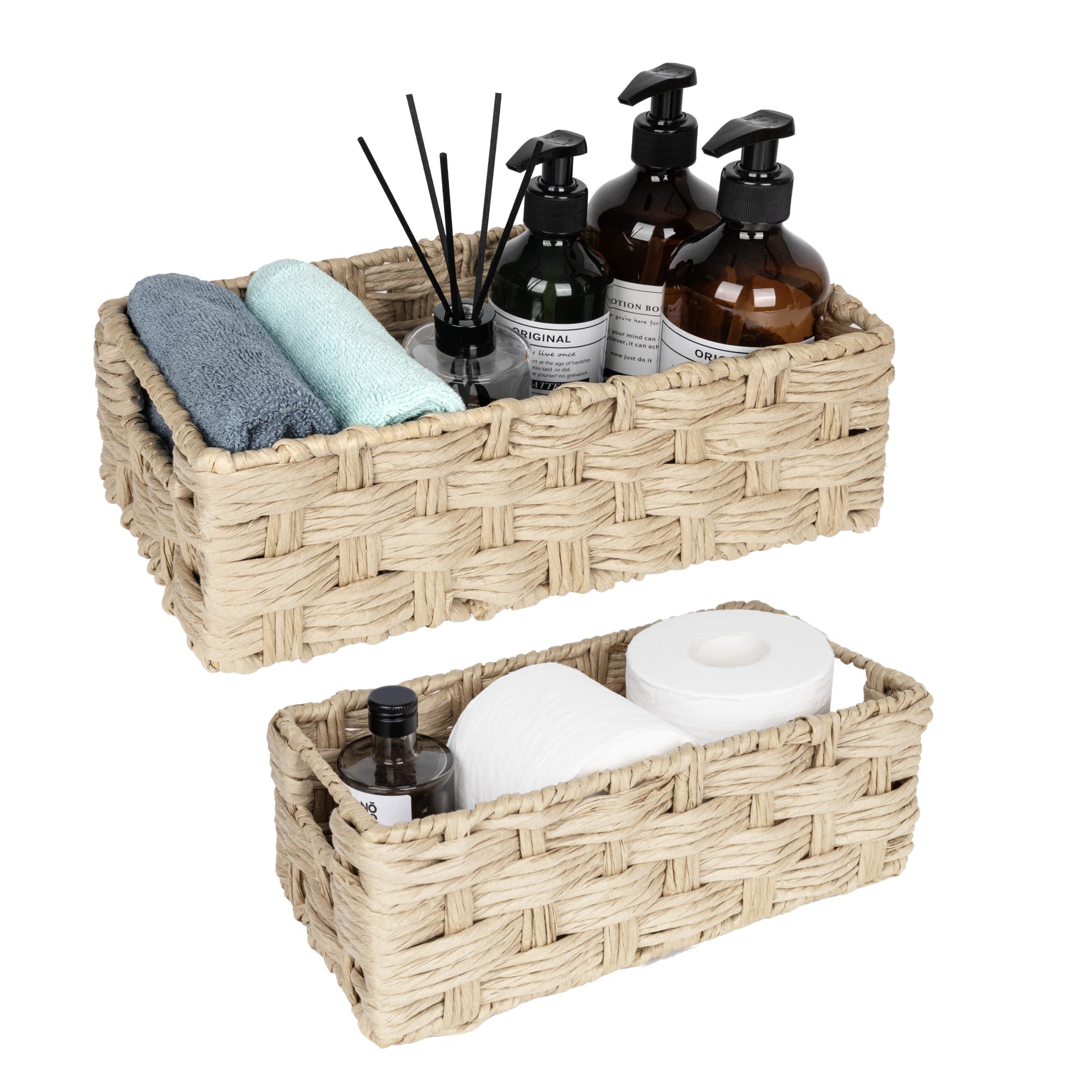 Incorporate decorative baskets for organization in farmhouse bathrooms