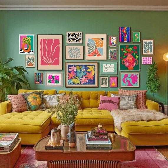 Eclectic art gallery wall, merging styles, colors, and textures in your living room