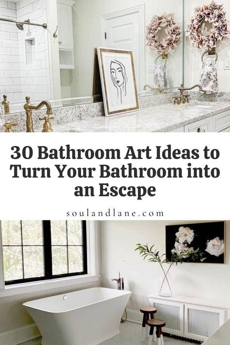 Create a gallery wall with personal photographs for eclectic bathroom charm