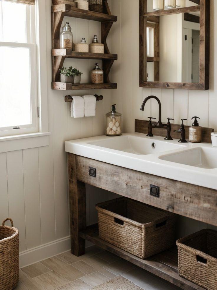 Install a charming farmhouse sink in your eclectic bathroom