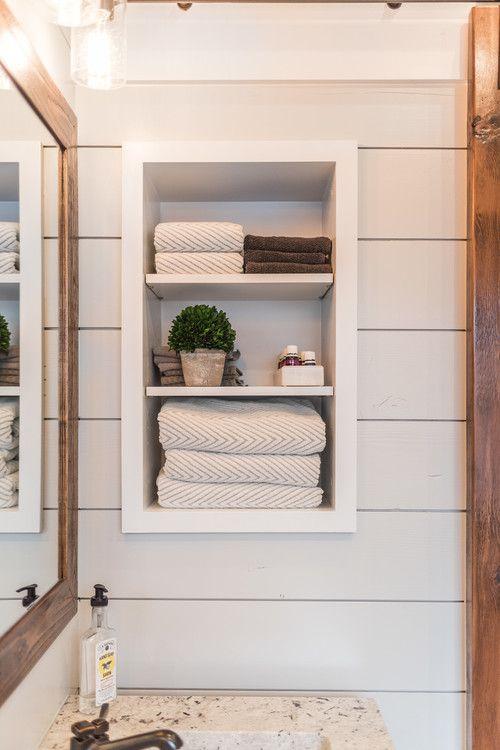 Install open shelving for practical⁢ storage in⁣ farmhouse ‍bathrooms