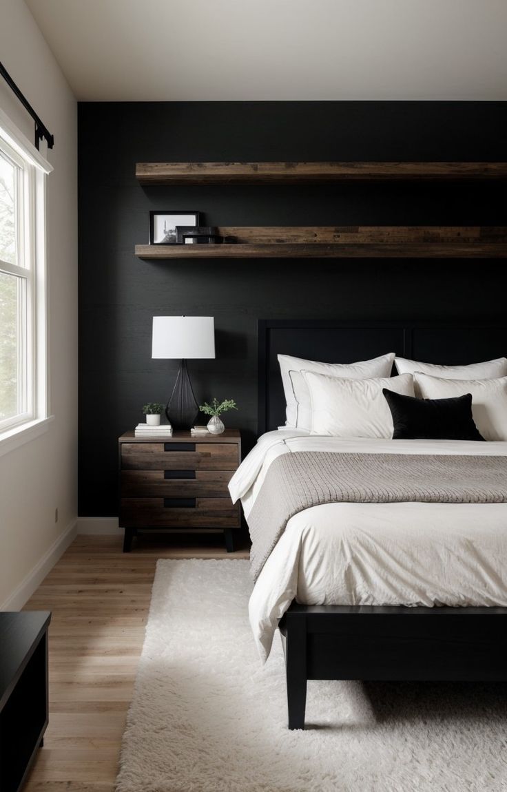Black and white bedroom- great colours
  for a classic bedroom