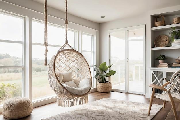 Create a reading nook with a hammock chair to enjoy in your Boho living room