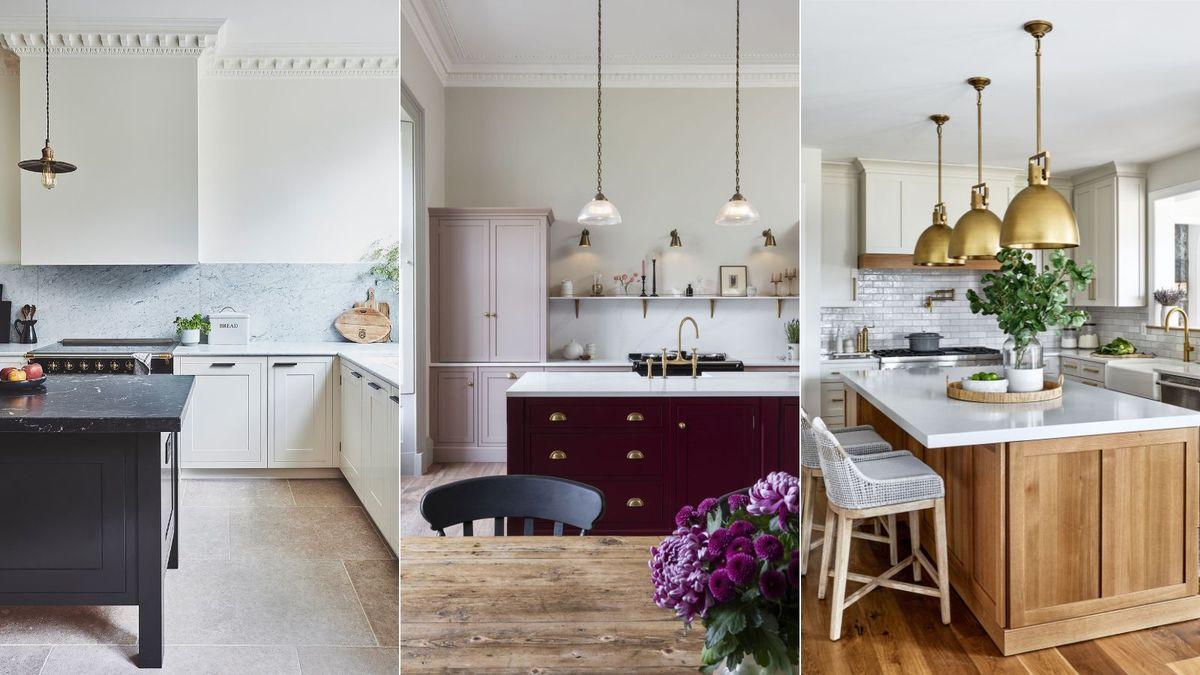 A farmhouse kitchen island provides additional prep space and social gathering area