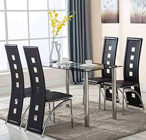 amazon.com - 5 piece glass dining table set 4 leather chairs kitchen VRVNOHP