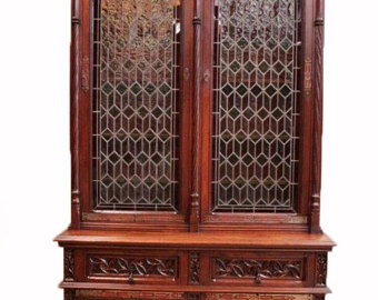 antique bookcase magnificently carved antique french gothic bookcase with leaded glass  doors, walnut, turn KCAWSPT