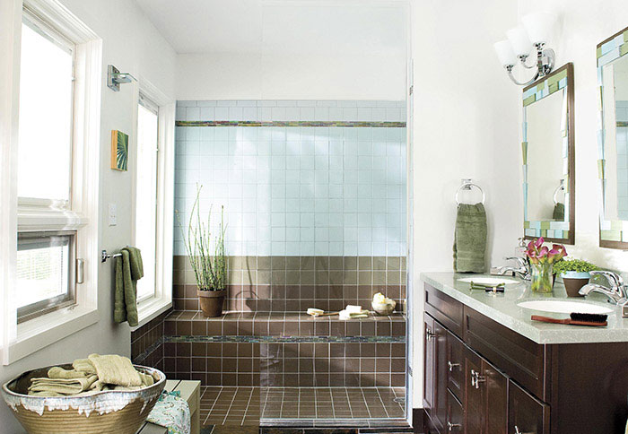 bathroom remodel ideas bathroom with contemporary double vanity and brown tiles EBPXWUV