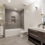 bathroom remodel ideas contemporary full bathroom with wall sconce, double sink, grey porcelain  tile, undermount IGRLLKA