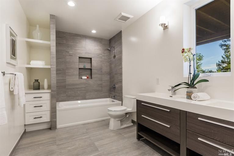 bathroom remodel ideas contemporary full bathroom with wall sconce, double sink, grey porcelain  tile, undermount IGRLLKA