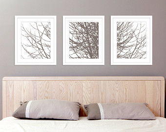 bedroom wall art modern tree branches art prints - set of 3 11x14 prints - taupe BEDSSYM