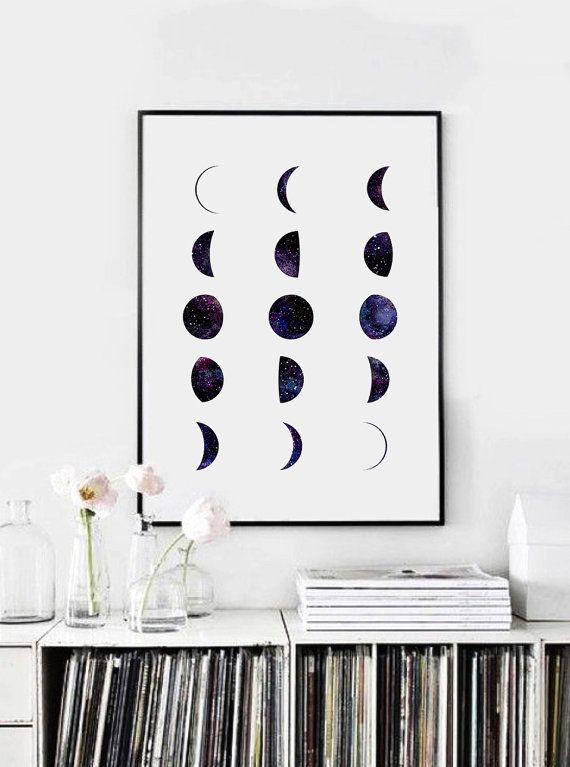 bedroom wall art phases of the moon print, moon phases wall art, watercolor moon phase RGRUPDN