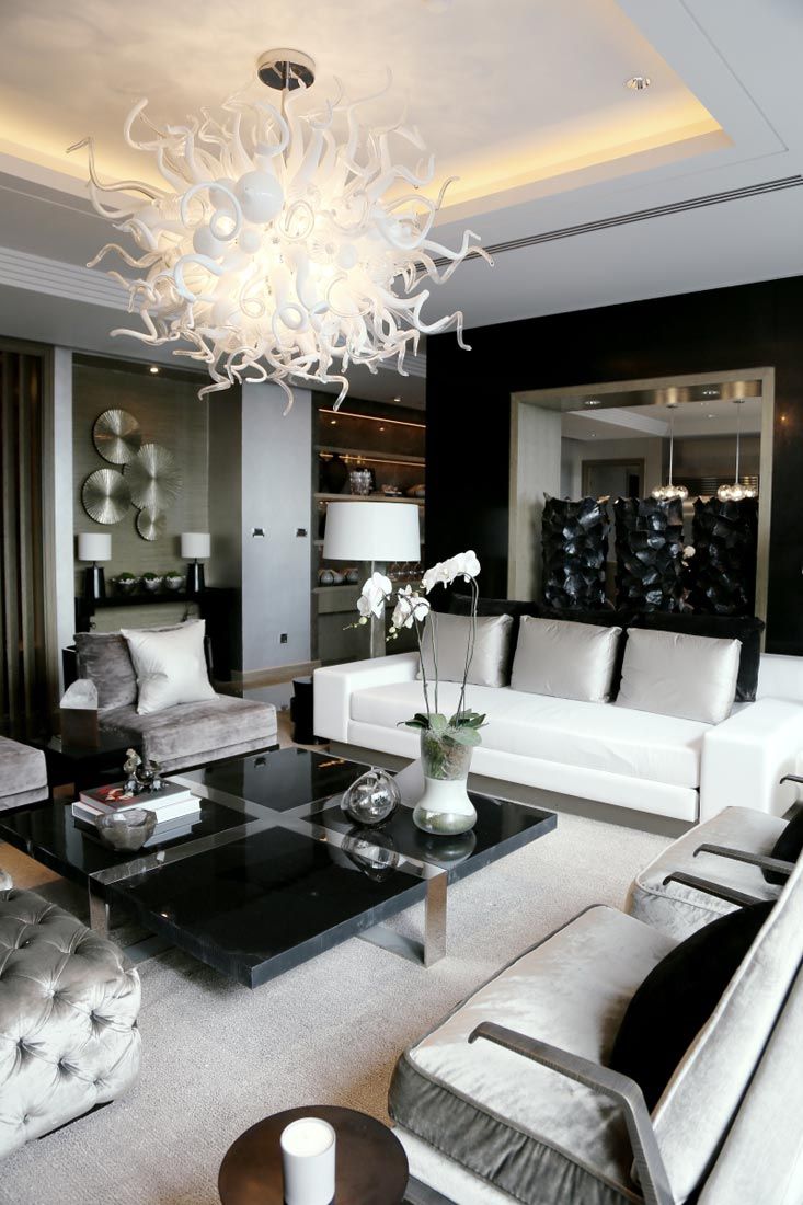 black and white living room elegance in black, white u0026 silver // kelly hoppen interiors RSGRRLR