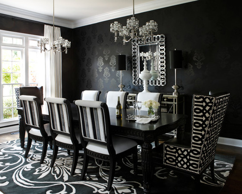 black dining table mid-sized trendy dining room photo in atlanta with black walls and dark KIIVZHN