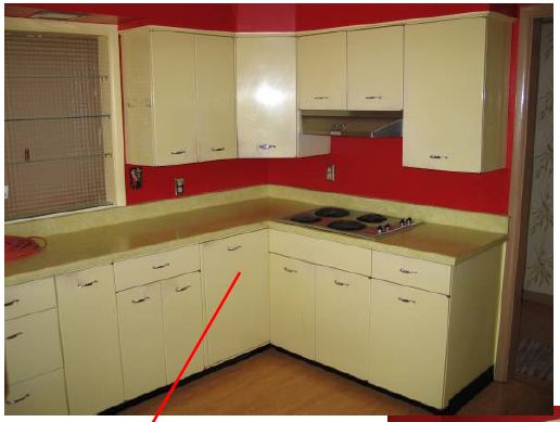 blind corner lazy susans in vintage metal kitchen cabinets: rare sighting. ZMAWXEJ
