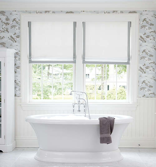 blindsgalore® designer roman shades: shown in wales: white with pewter edge  ribbon BBNPQBK