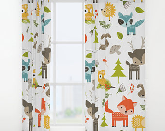 childrens curtains animals curtains, woodland animals window curtains, animals drapes, kids  curtain, forrest curtain WHJLIGG