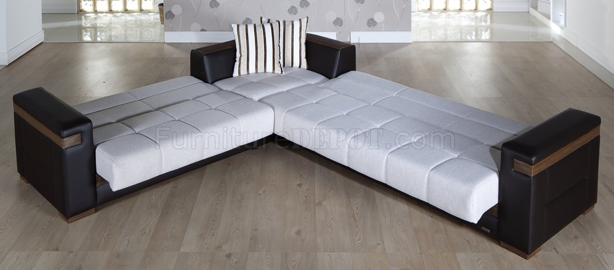 cream fabric u0026 dark leatherette convertible sectional sofa bed VATOYUW