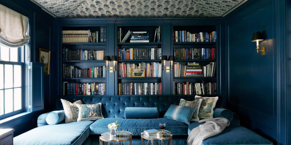 home library design blue velvet tufted sofa HLSTYRF