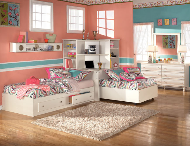 kid bedroom sets the furniture :: kids bedroom set with two twin beds and corner bookcase, KQEGQJV