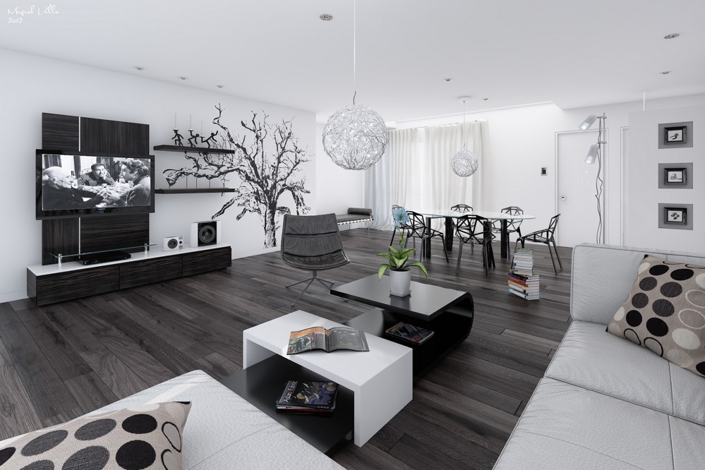 large open spaces black and white living room design beside the dining room MJRPNYL