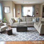 living room rugs family room, gray trellis rug, sectional, blue accents JKTOUQY