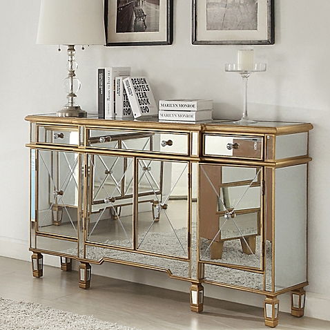 mirrored furniture image of powell gold and mirrored 3-drawer/4-door console DOLERII
