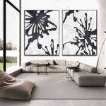 modern wall art set of 2 minimalist art on canvas, hand painted black and white flower EZSRXFK